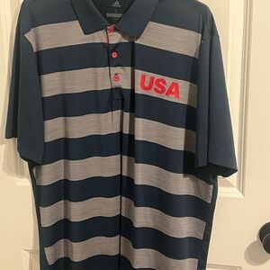 Adidas Men's - USA - Navy and Gray Striped Athletic Golf Polo Shirt